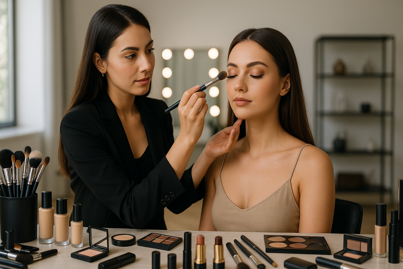 Profesyonel makyaj sanatçısı çalışırken, zarif makyaj seti ve aydınlatma ile